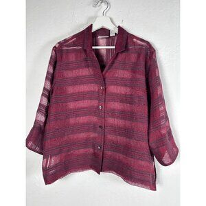 Chico's Design Womens Sheer Red Striped Button Down Shirt Top Size 1 Linen Blend